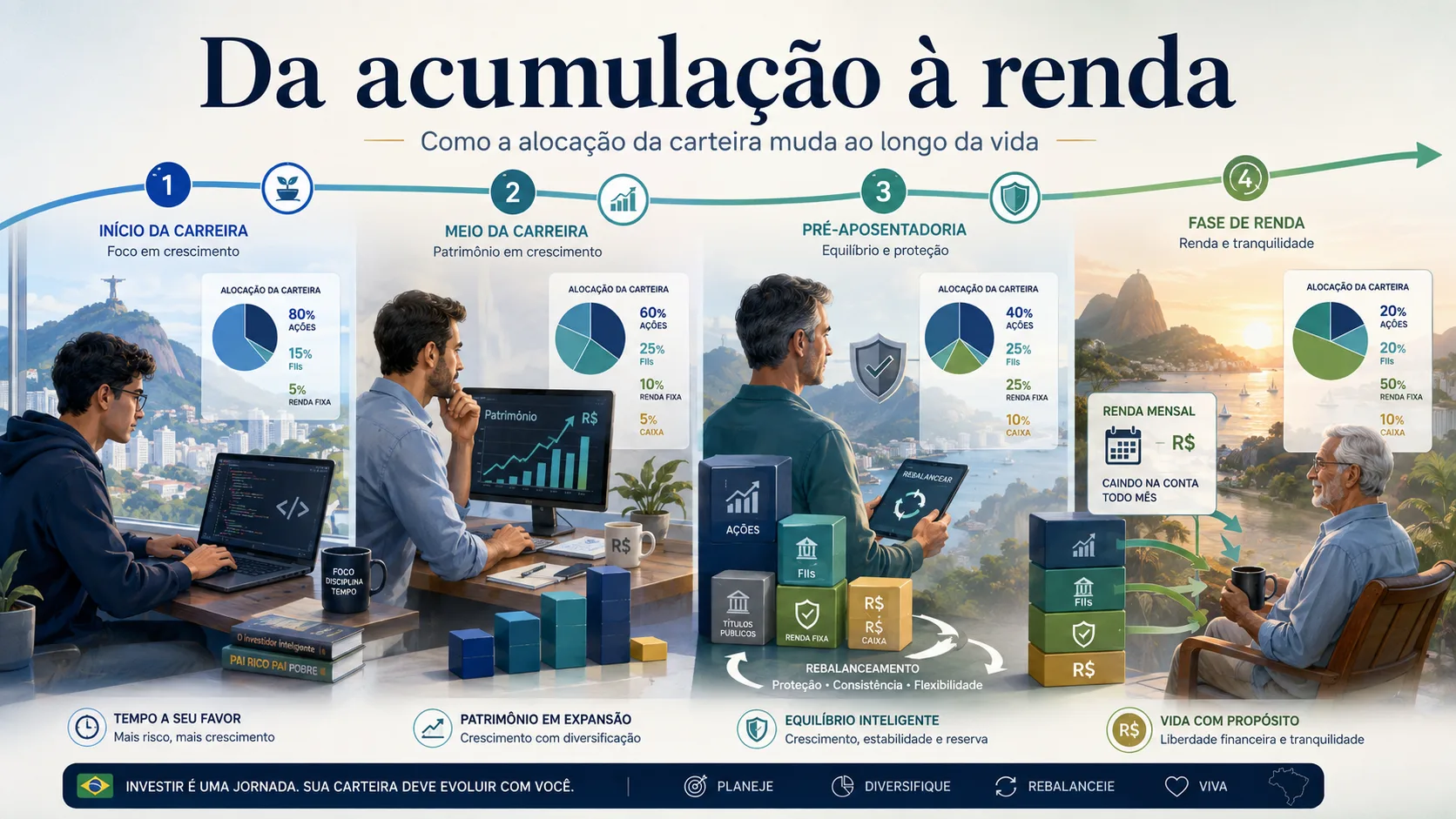 Ilustração sobre a evolução da alocação de uma carteira de investimentos ao longo da vida