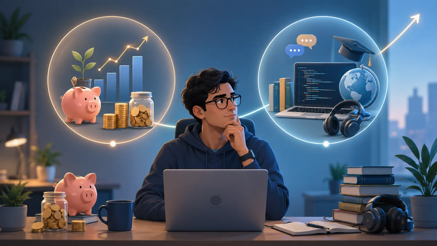 Ilustração comparando investir cedo com investir no desenvolvimento da carreira
